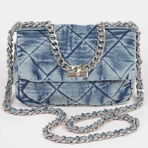 Handbags - NEW! Denim Puffy Quilted Crossbody Purse Bag Silver Chains Distressed